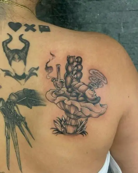 Mushroom and Insect Smoking Weed Back Tattoo