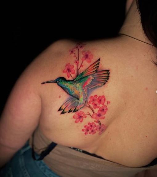 Colorful Flowers and Colibri Back Tattoo