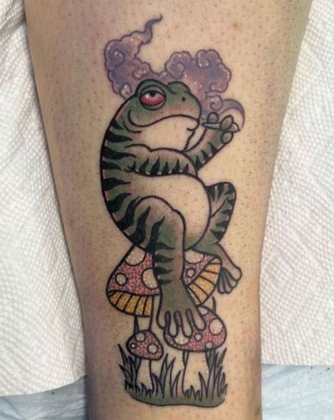 Colorful Mushroom and Frog Smoking Weed Tattoo