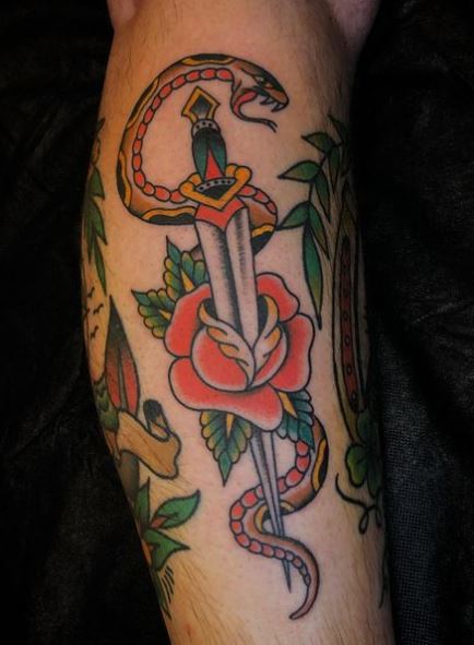 Colored Snake and Dagger with Rose Forearm Tattoo