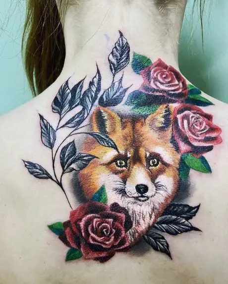 Colorful Flowers and Fox Back Tattoo