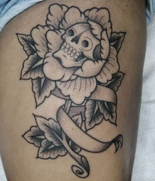 Dead Rose with Skull Thigh Tattoo