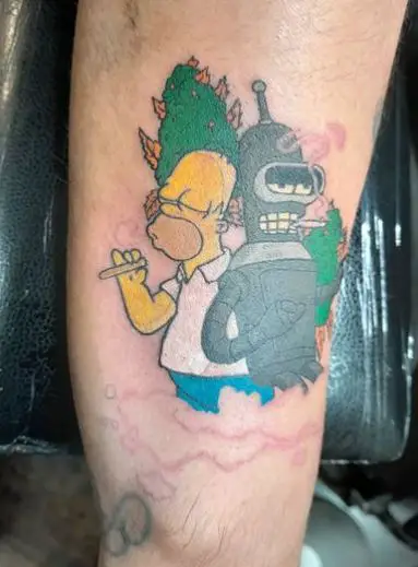 Robot and Homer Simpson Smoking Weed Tattoo