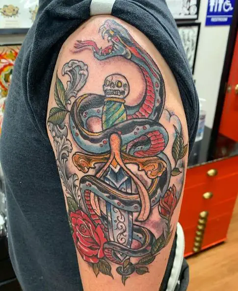 Colorful Snake and Dagger with Roses Biceps Tattoo