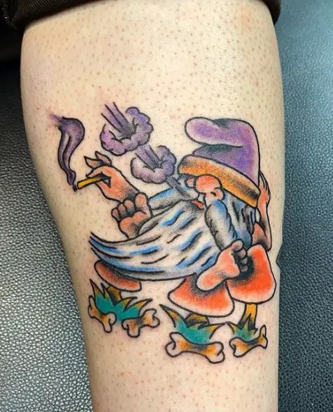 Mushrooms and Dwarf Smoking Weed Leg Tattoo