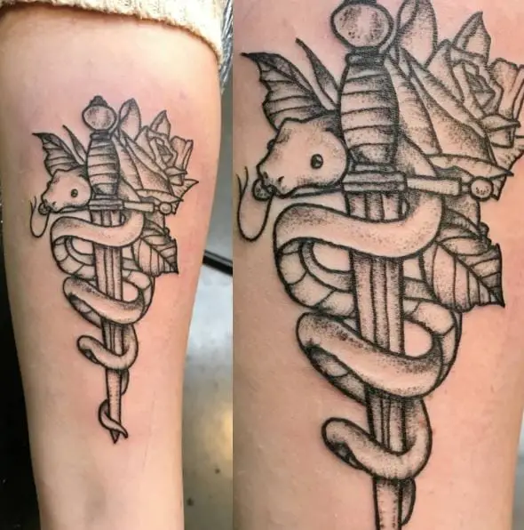 Shaded Snake and Dagger with Rose Biceps Tattoo