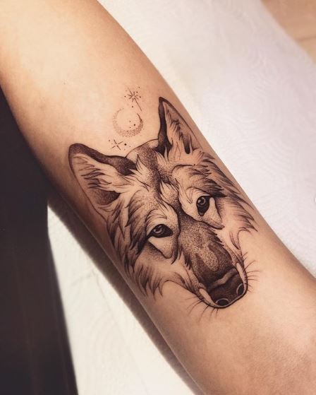 Moon with Stars and Wolf Head Arm Tattoo