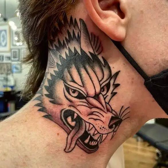 Black and Grey Wolf Neck Tattoo