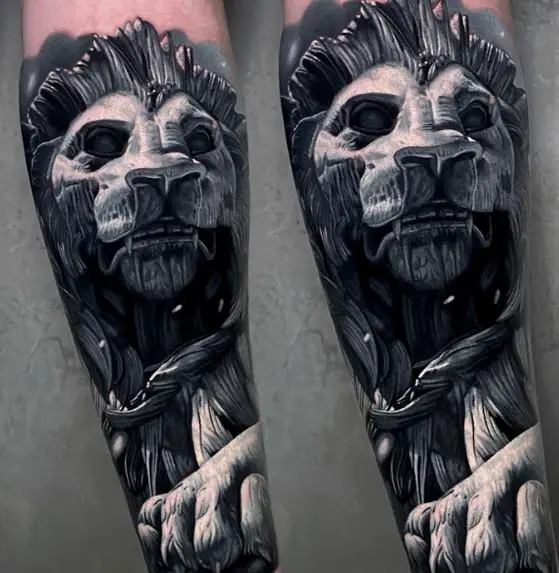 Black and Grey Lion Forearm Sleeve Tattoo