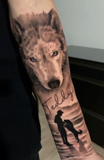 Wolf with Blue Eyes Forearm Tattoo