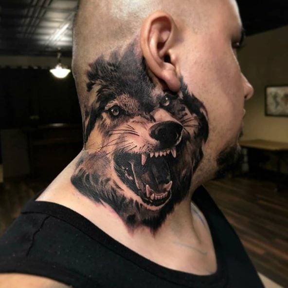 Realistic Wolf Neck Tattoo