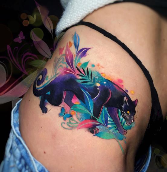 Colorful Leaves and Panther Hip Tattoo