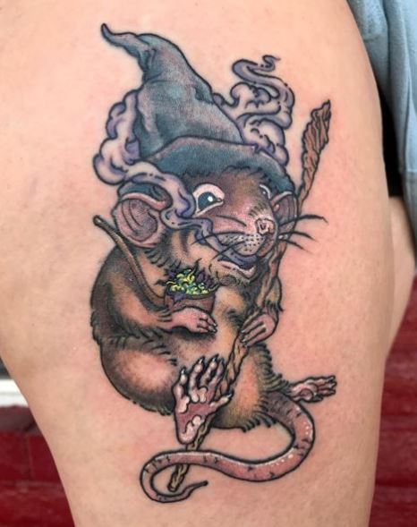 Colorful Rat Smoking Weed Leg Tattoo