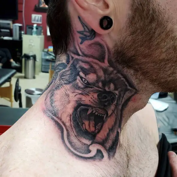Black and Grey Bird and Wolf Neck Tattoo