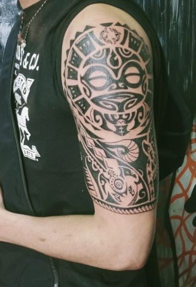 Black and Grey Samoan Tribal Arm Tattoo