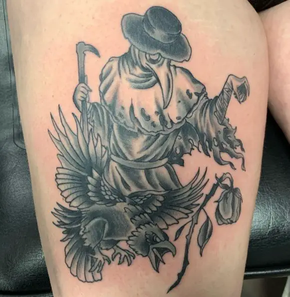 Ghost with Raven and Dead Rose Thigh Tattoo
