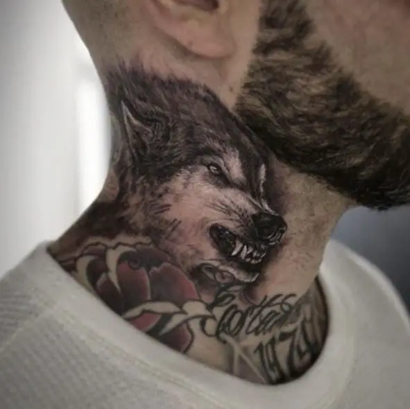 Realistic Angry Wolf Neck Tattoo