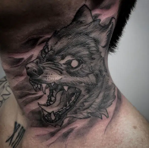 Wolf with Open Mouth Neck Tattoo