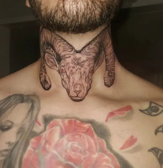 Grey Capricorn Throat Tattoo