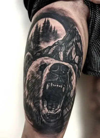 Mountain Landscape and Roaring Bear Thigh Tattoo