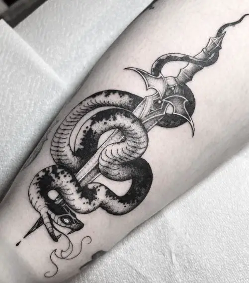 Black and Grey Snake and Dagger Tattoo