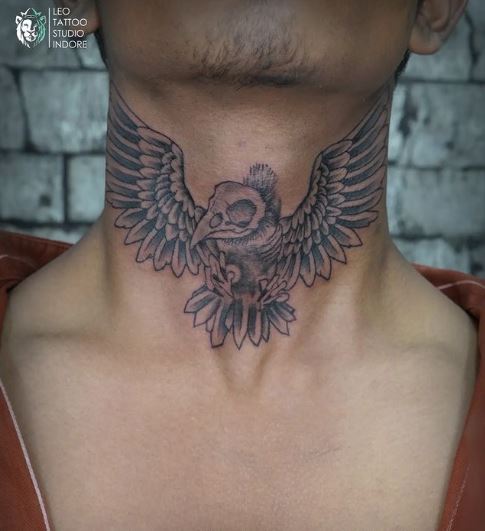Black and Grey Crow Throat Tattoo