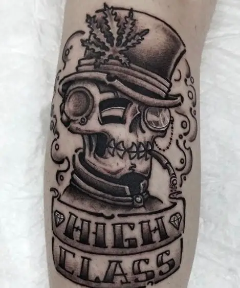 Black and Grey Skeleton Smoking Weed Tattoo