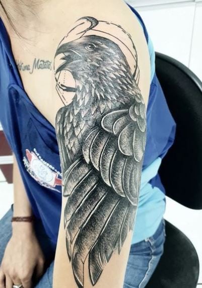 Black and Grey Moon and Crow Arm Tattoo