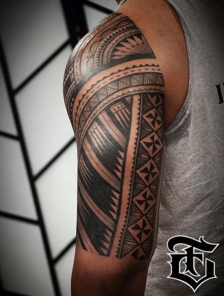 Black and Grey Samoan Tribal Arm Tattoo
