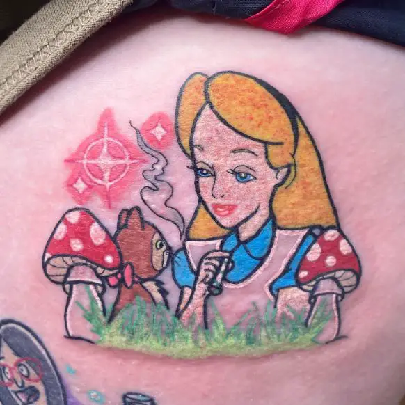 Alice in Wonderland Smoking Weed with Mushrooms and Squirrel Tattoo