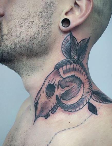 Leaves and Capricorn Skull Neck Tattoo