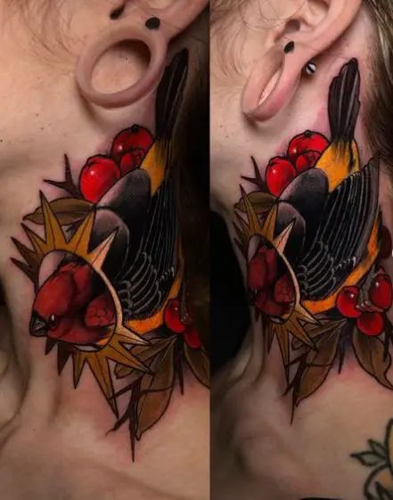 Colorful Fruits and Bird Neck Tattoo