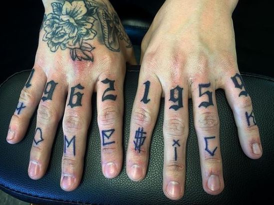 Black and Blue Letters and Numbers Knuckles Tattoo