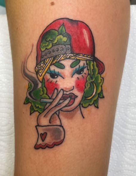 Colored Girl with Hat Smoking Weed Tattoo
