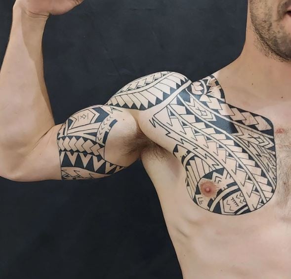 Samoan Tribal Chest and Biceps Tattoo