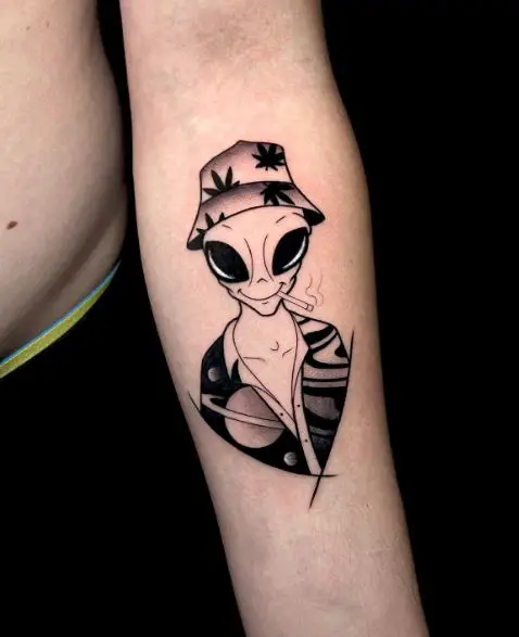 Black and Grey Alien Smoking Weed Forearm Tattoo