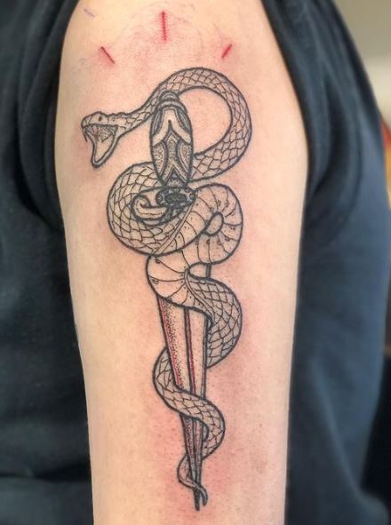 Black and Grey Snake and Dagger Biceps Tattoo
