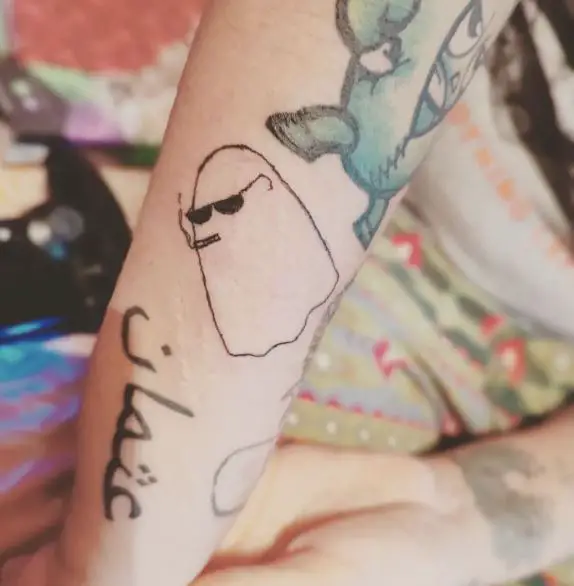 Ghost with Sunglasses Smoking Weed Forearm Tattoo