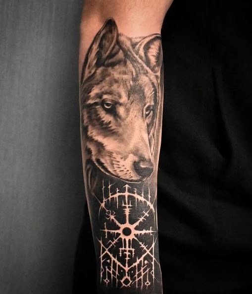 Black and Grey Wolf Head Arm Sleeve Tattoo