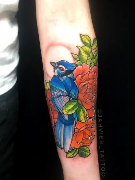 Red Flowers and Blue Bird Forearm Tattoo