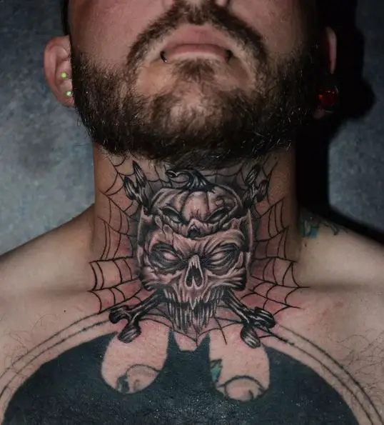 Spider Web and Skull Throat Tattoo