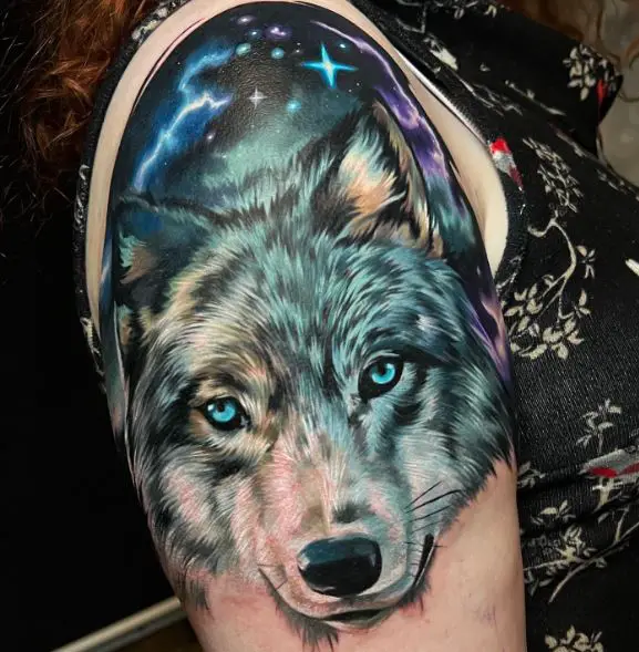 Night Sky and Wolf Head Arm Tattoo