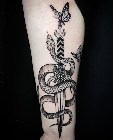 Black and Grey Snake and Dagger with Butterflies Arm Tattoo