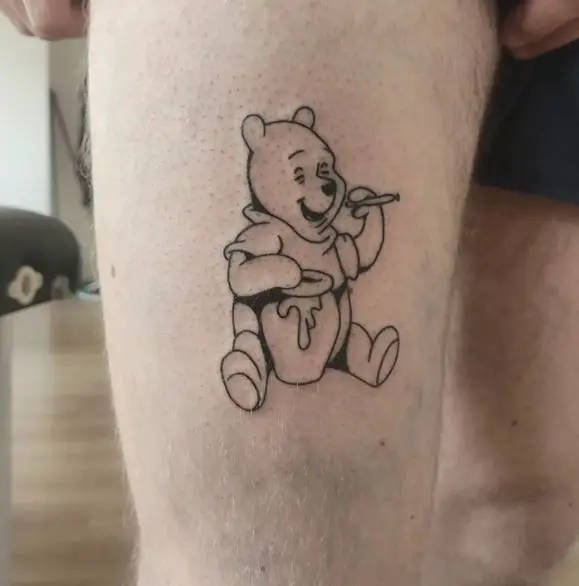Winnie the Pooh Smoking Weed Thigh Tattoo