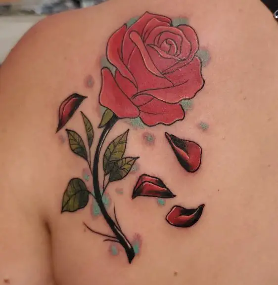 Falling Petals and Dying Red Rose Back Tattoo