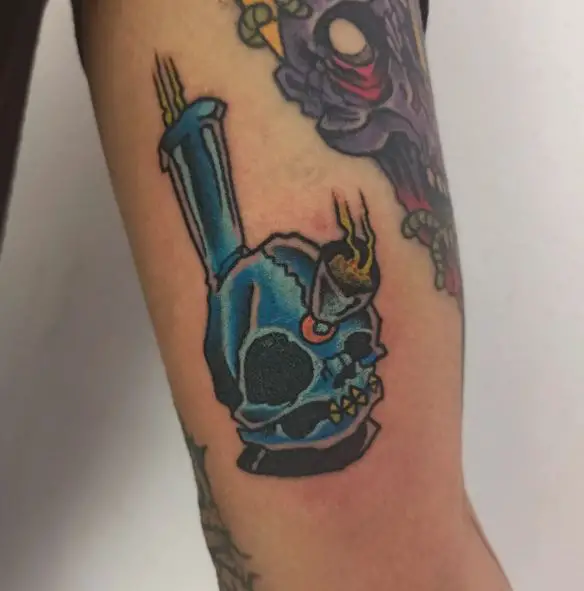 Skull Bong with Burning Joint Biceps Tattoo