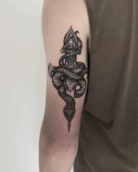 Black and Grey Snake and Dagger Arm Tattoo