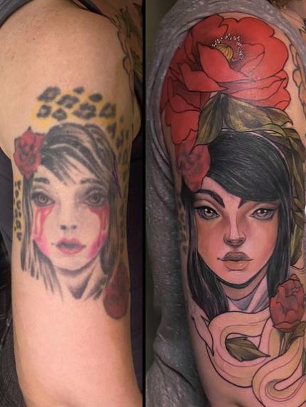 Red Flowers and Girl Head Arm Tattoo