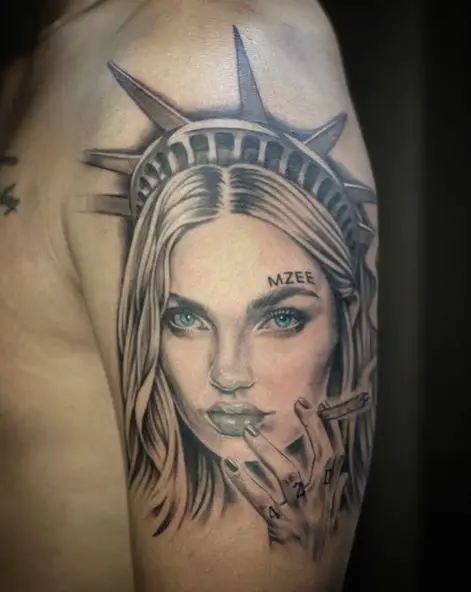 Lady Liberty Smoking Weed Arm Tattoo