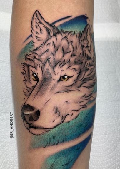 Colored Wolf Head Forearm Tattoo